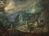 an image of a painting of a man standing in front of a house