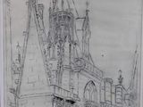 drawing of an old building with a clock tower in the middle of it