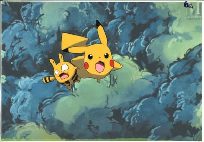 pikachu and pikachu flying in the sky with trees in the background