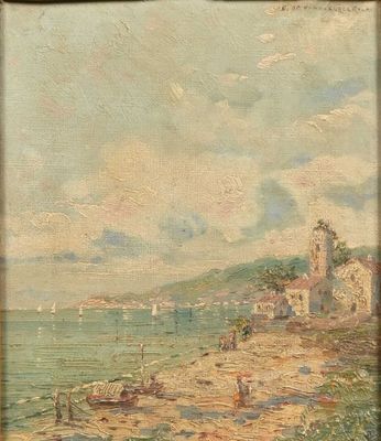 an image of a painting of a beach scene with boats in the water