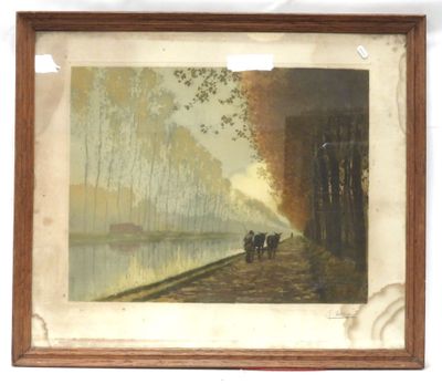framed picture of a painting of people walking on a path by a river