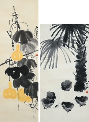 two paintings of birds and flowers on a white background and a black and yellow painting on a white background