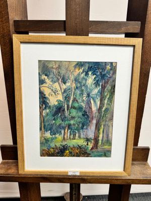 une peinture à l'huile représentant une scène forestière avec des arbres et des buissons