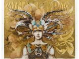 abstract painting of a woman with feathers on her head and a gold background