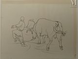 dessin représentant un homme chevauchant un taureau et un homme à cheval