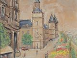 tableau représentant une rue de la ville avec une tour horloge en arrière-plan
