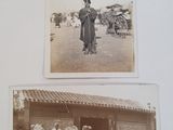 three black and white photos of a woman carrying a basket on her head