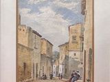 une image représentant un tableau représentant une scène de rue avec un cheval et une calèche