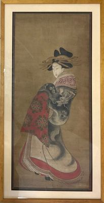 une image représentant un tableau où l'on voit une femme coiffée d'un chapeau tenant un chat dans ses bras