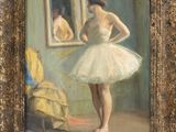 an oil painting of a woman in a tutu standing in front of a mirror