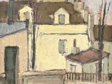 tableau représentant une scène de rue avec des bâtiments et un pont au premier plan