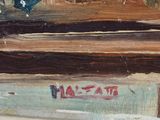 a painting of a cat sitting on top of a bench