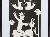 an image of a black and white drawing of a man and animals
