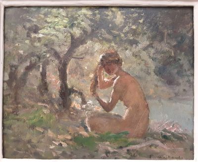 une peinture à l'huile représentant une femme nue assise sous un arbre