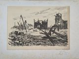an old drawing of a city with a building in the background