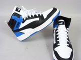 pair of black and blue sneakers with white laces on a white surface