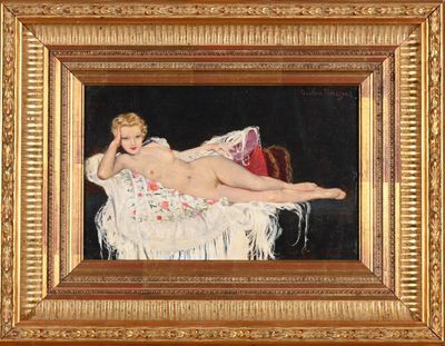 painting of a naked woman laying on a couch with a red chair in the background
