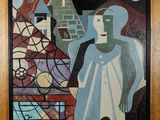 tableau représentant un homme et une femme debout devant un bâtiment
