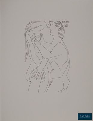 un dessin représentant un homme et une femme qui s'embrassent sur fond blanc