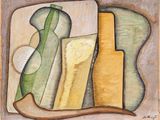 une image représentant une nature morte peinte, avec une bouteille et un couteau