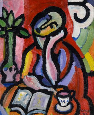 an image of a painting of a woman sitting at a table with a book