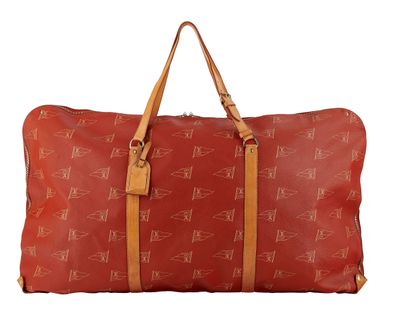 an image of a red duffel bag with a pattern on it