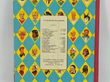 a blue and yellow book with pictures of people on it