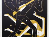 une illustration en noir et or représentant un homme tenant une guitare
