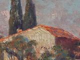 an oil painting of a house on a hill with trees in the background