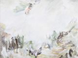 tableau représentant un groupe d'oiseaux volant dans le ciel au-dessus d'un champ