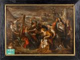 an image of a painting of a group of people with a cross