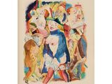 a painting of a group of people standing around each other
