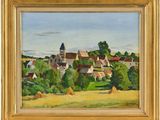 un tableau représentant un village avec une église au loin