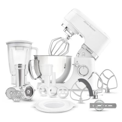 a white mixer and other kitchen appliances on a white background