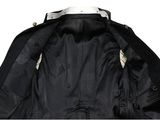 a close up of a black jacket with a white collar