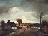 une image représentant un tableau d'une route de campagne avec des maisons et des arbres