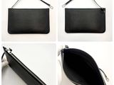 four different images of a black purse with a zipper on it