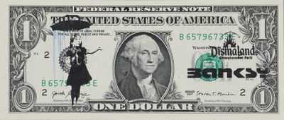 Banksy (d'aprs) - Dismaland Pochoir sur billet de 1$ amric…