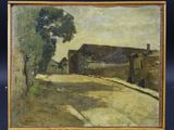 une image représentant une peinture d'une route avec une grange en arrière-plan