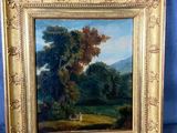 une peinture à l'huile représentant un paysage avec un arbre et un homme dans un champ