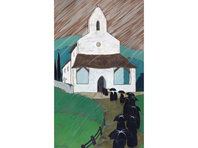 a painting of a group of cows in front of a church