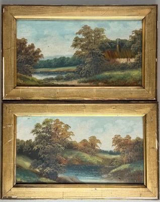 two paintings of a river and a house in a wooded setting