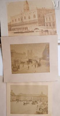 two old photos of a building and a horse and buggy