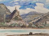 a watercolor painting of a landscape with mountains and a river