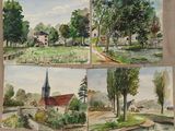 quatre aquarelles représentant un paysage champêtre avec une église, une rivière et des arbres