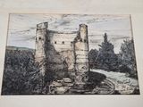 drawing of a castle with a river and trees in the background