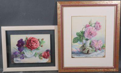 two framed pictures of roses in a vase and a vase of flowers