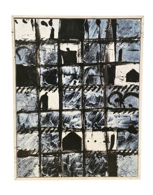 une peinture en noir et blanc représentant des carrés de tailles et de formes variées