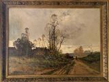 une peinture à l'huile représentant un chemin de terre avec des arbres au loin