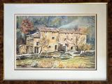 aquarelle encadrée représentant une maison dans un champ, avec un arbre au premier plan